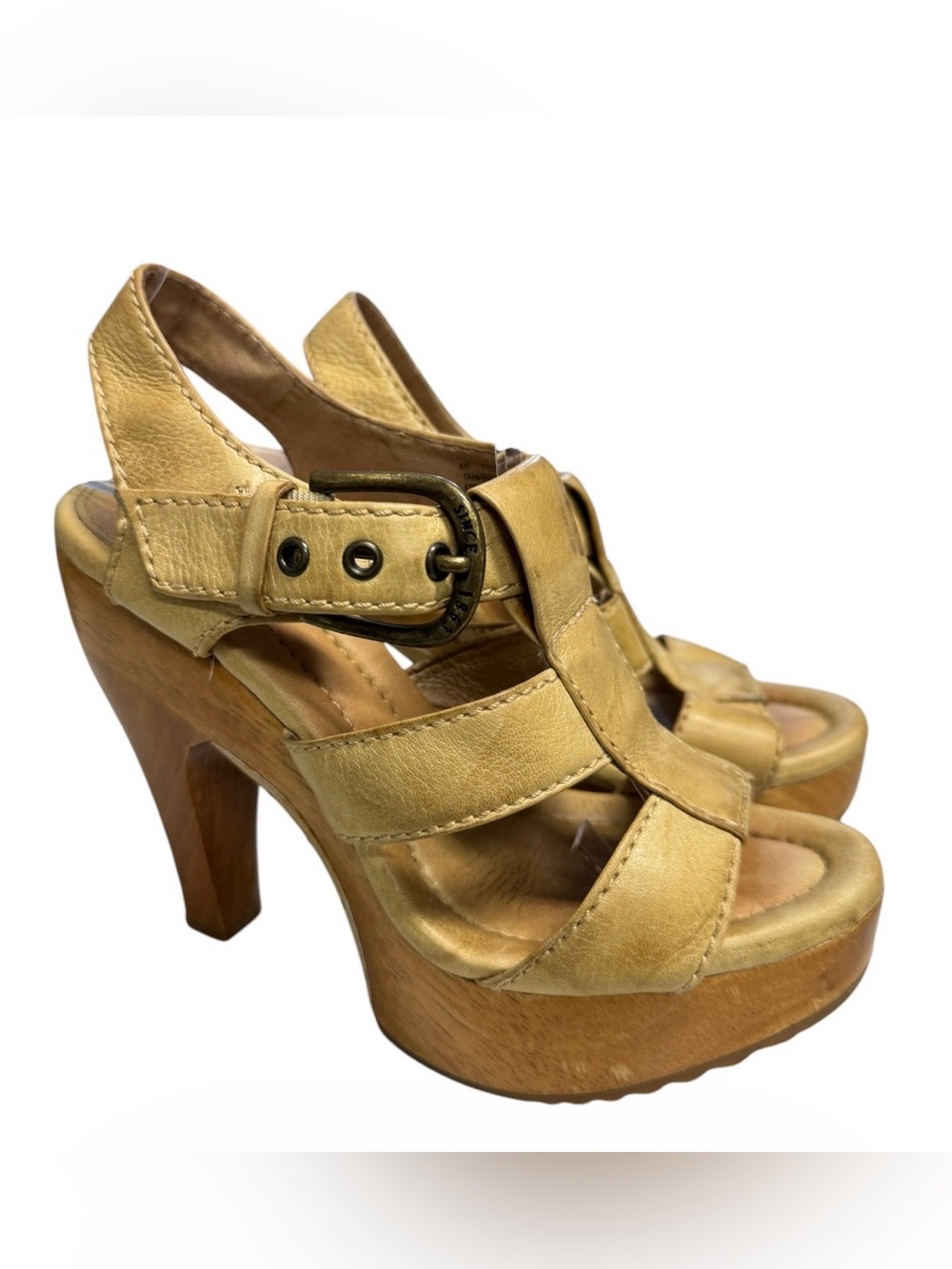 Frye Tamara T Buckle Yellow/ Natural Platform Sandals Vintage Size 6